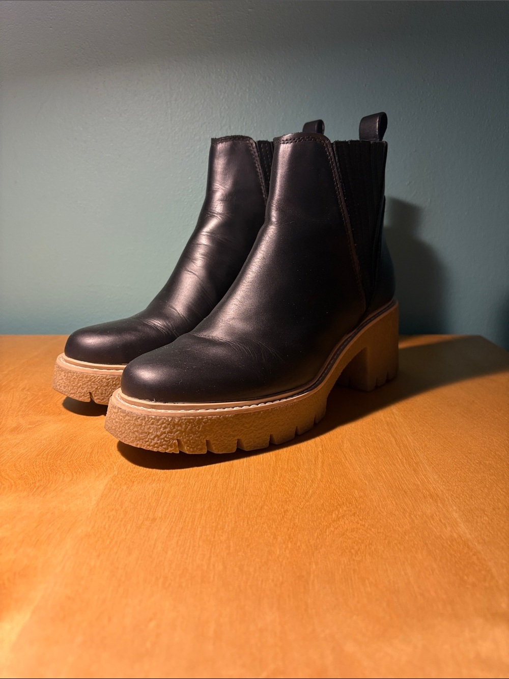 Dolce Vita Black Leather Chelsea Boots with Chunky Tan Lug Sole